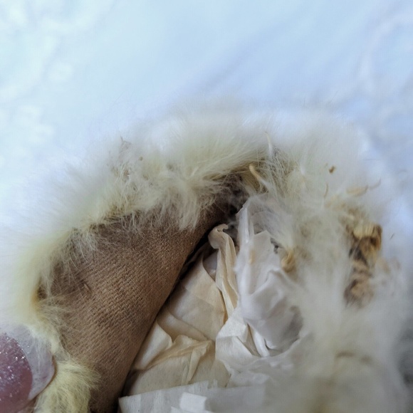 Antique Baby Boots Ivory Rabbit Fur Trim, Silk Ribbon Silky Pale Blue Quilted - Picture 8 of 8